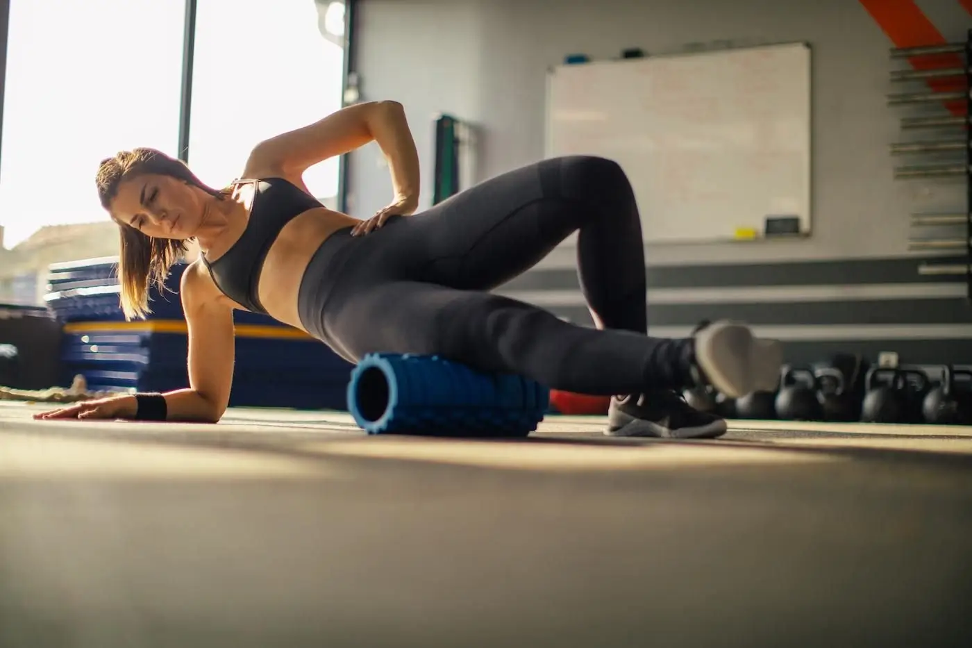 Recovery area with foam rollers and massage guns